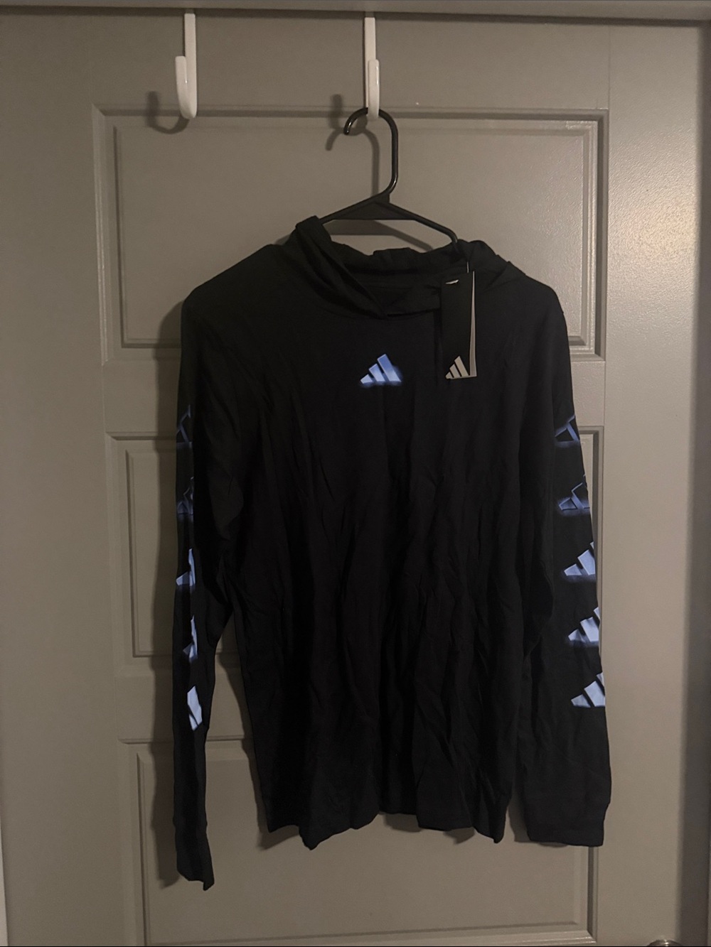 NWT adidas Black Long Sleeve Hooded Tee with Blue Logos